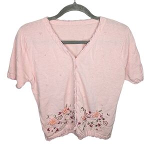 Y2K Coquette Pink Floral Embroidered Knit Cardigan Top Lace Trim M
